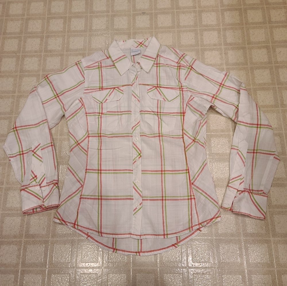 Columbia Button Down Long Sleeve Green Red White Stripe Medium